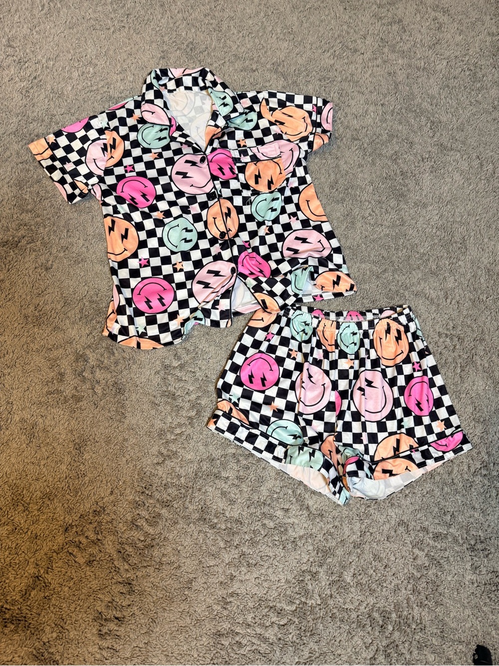 Checkerboard Smile Short Pajama Set - Pink, Peach & Mint